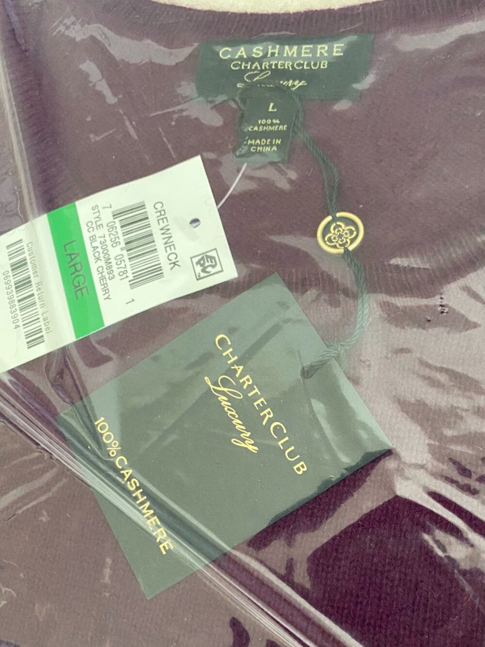 NWT Charter Club 100% Cashmere Crewneck Sweater – Black Cherry – L